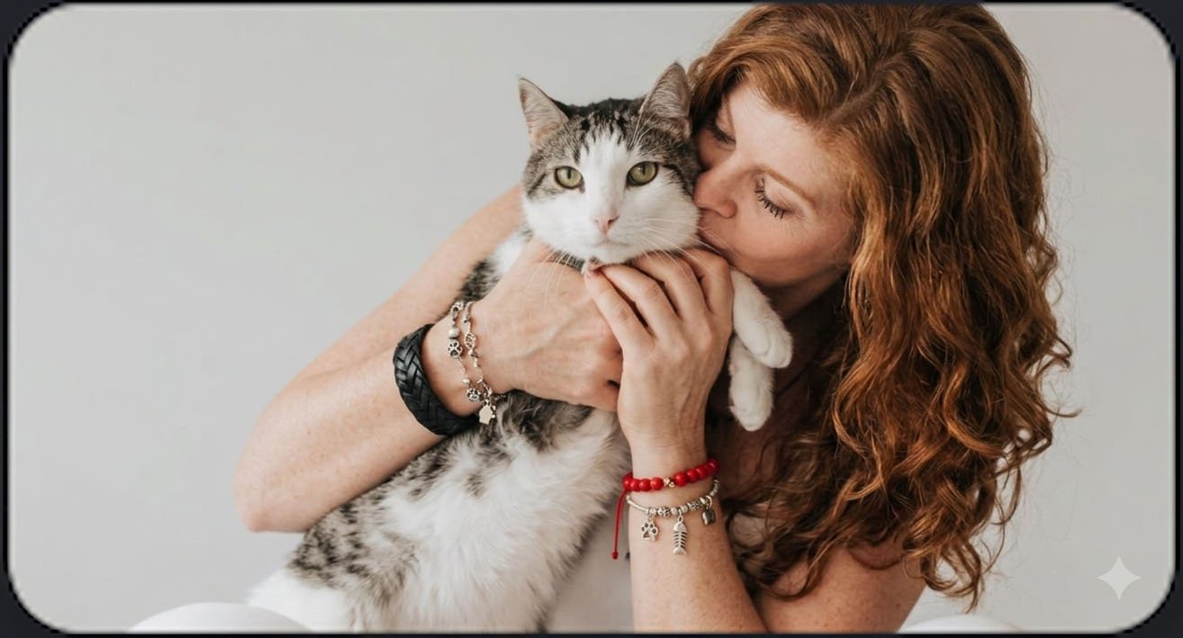Regiane recebendo carinho de um gatinho